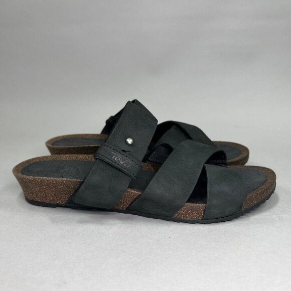 Teva Women's Size 6 Mahonia Black Leather Slide Sandals - Picture 1 of 9